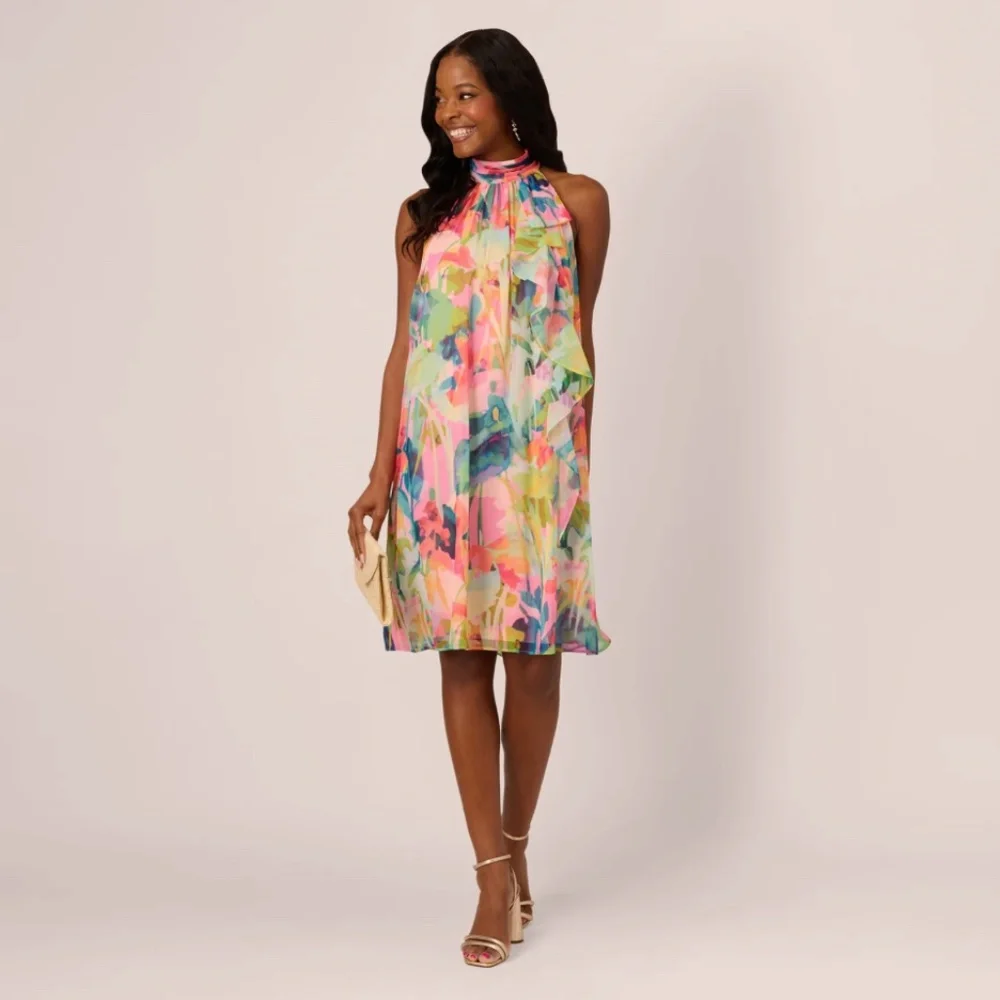 Adrianna Papell Floral Ruffle Chiffon Halter Trapeze Dress In Pink Multi - Picture 2 of 12